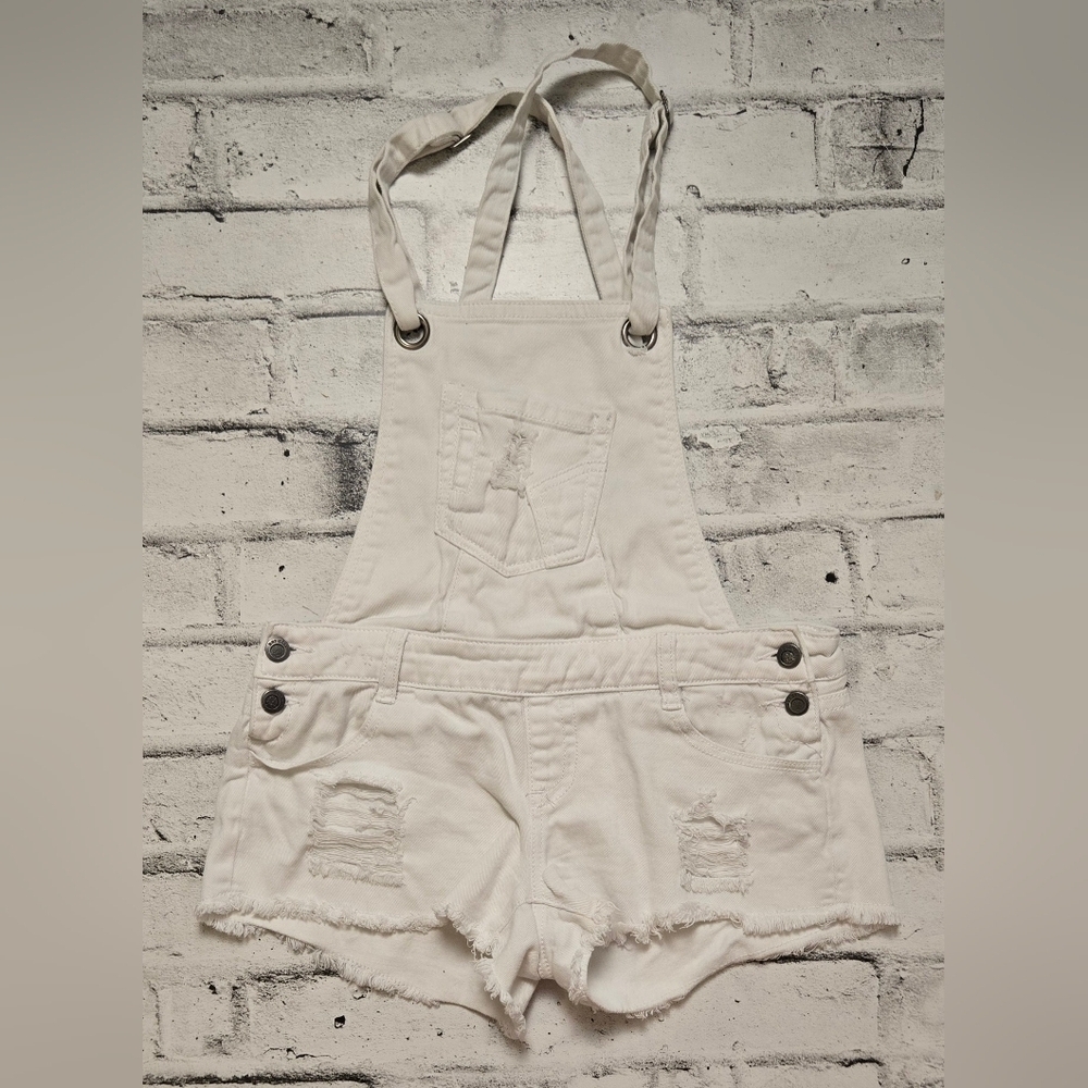 White Denim Short Overalls Distressed Women’s Size S Festival Y2K